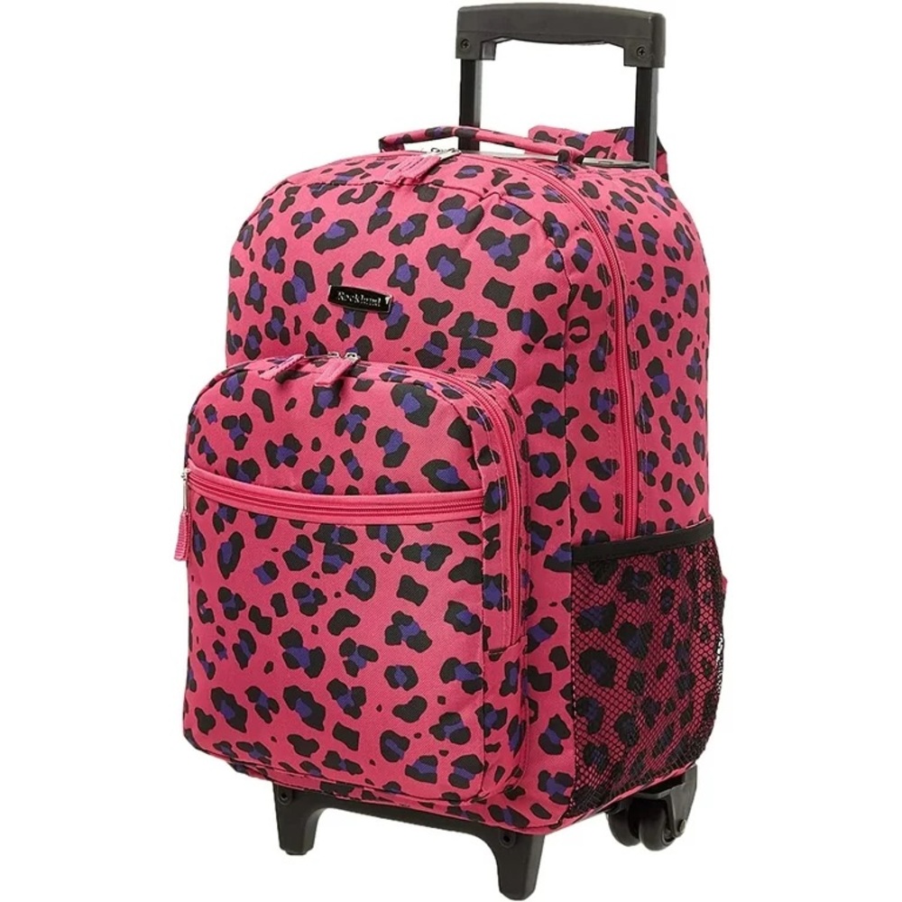 Rockland Double Handle Rolling Backpack, Magenta Leopard